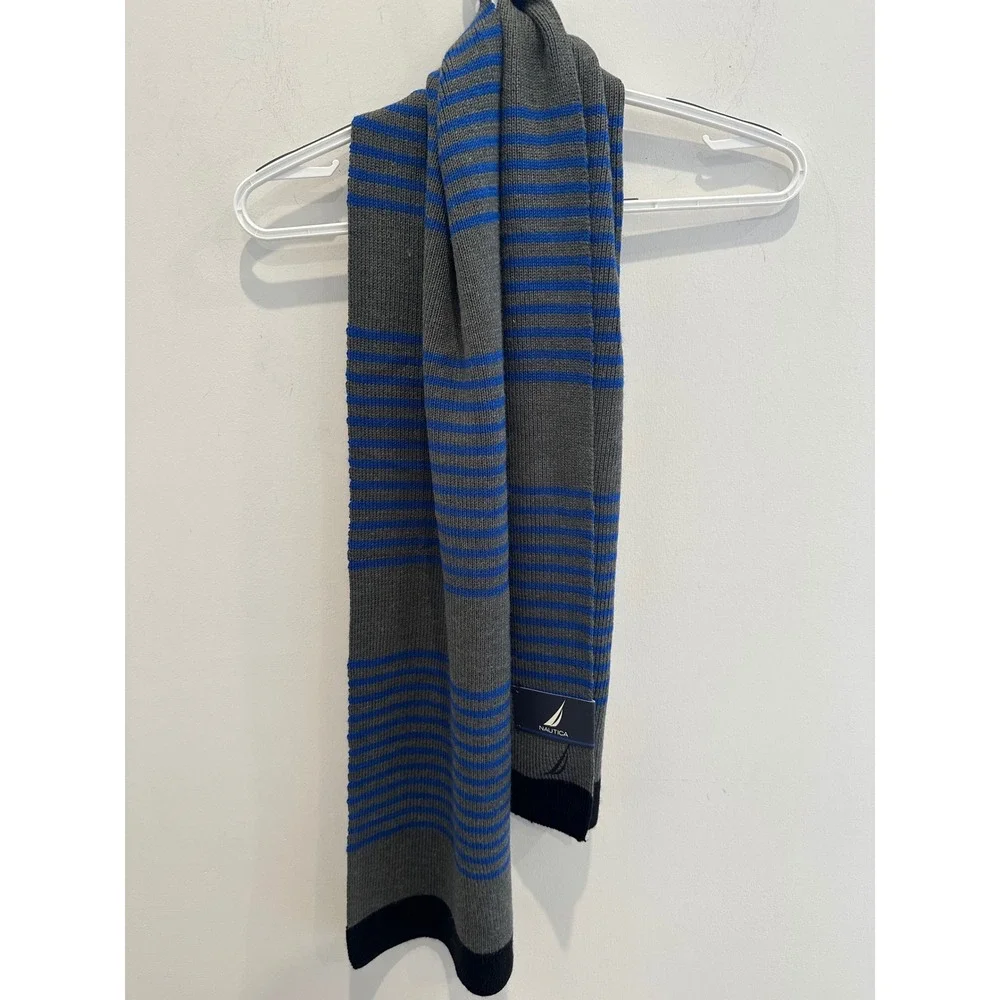 Nautica Mens Grey Blue Striped Knit Scarf Wool Blend Winter Accessory New